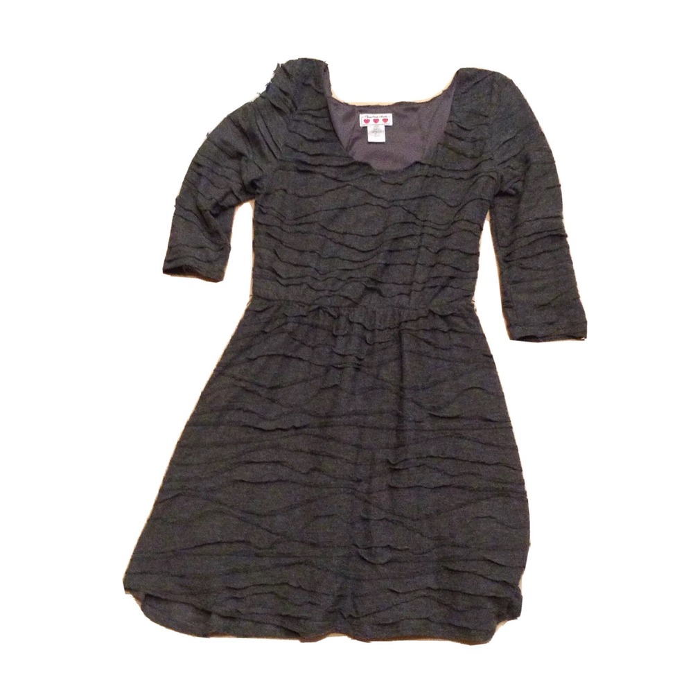 Three Pink Hearts Charcoal Gray Ripple Textured‎ 3/4 Sleeve Fit Flare Dress M